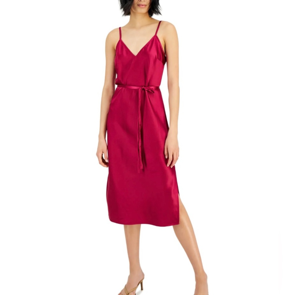 Cranberry colored slip dress with side slits